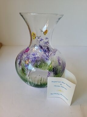 Hand-Painted Floral Glass Vase with Butterflies - Purple & Green Signed